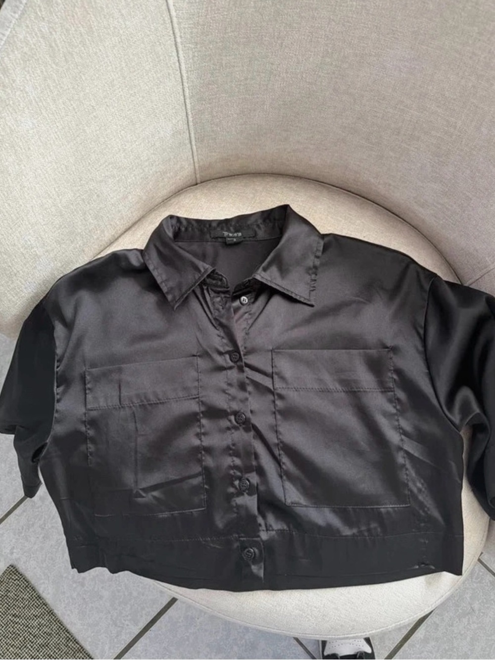 Rainbow Black Satin Button-Down Crop Shirt